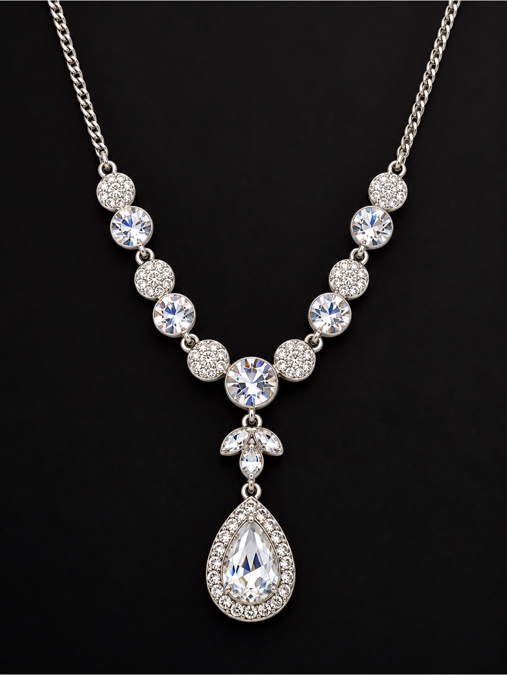 Givenchy Silver Tone Crystal Rhinestone Teardrop Pendant Necklace 16-19”
